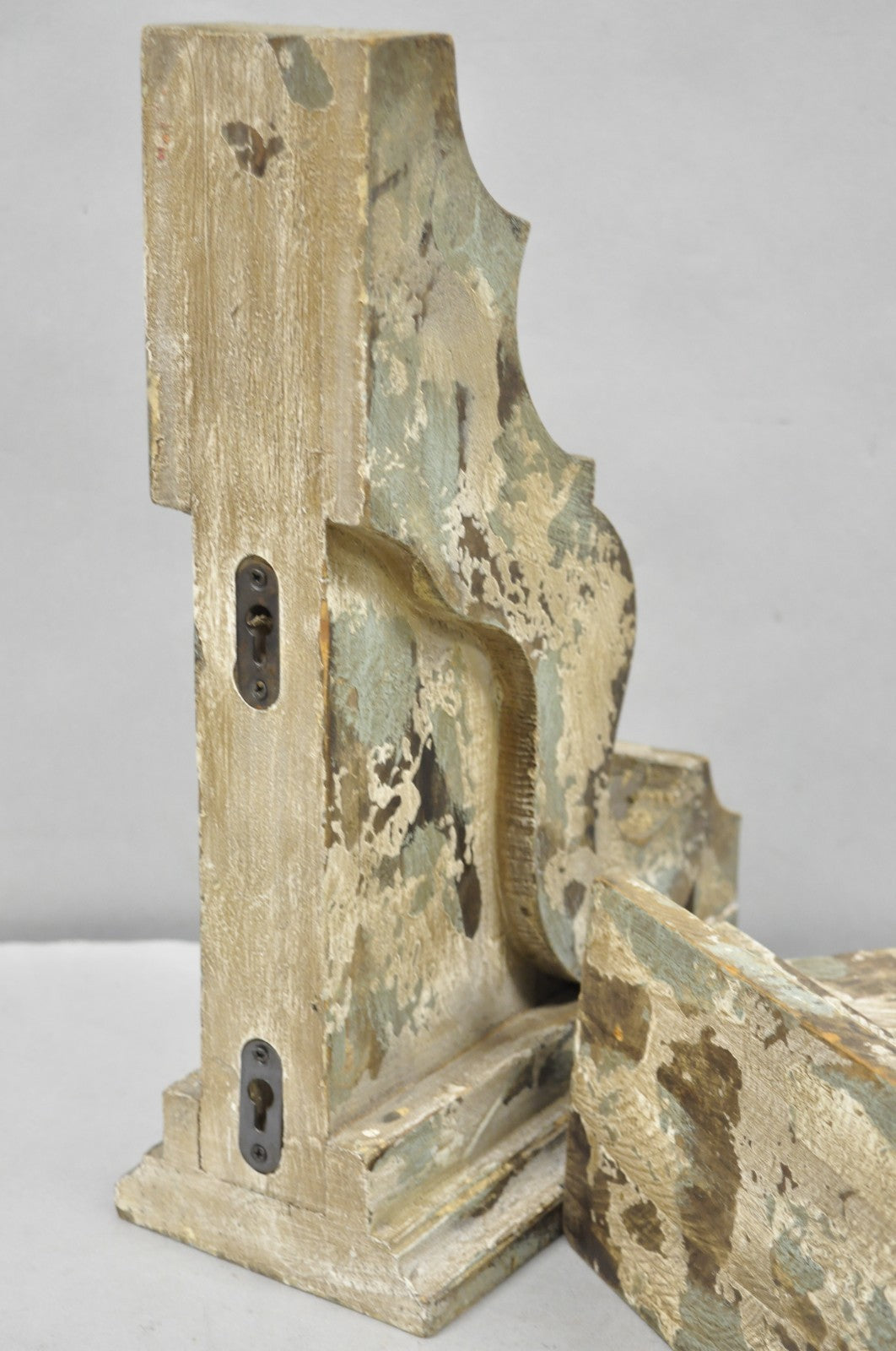 Victorian Carved Wood Blue & White Distress Painted Corbel Wall Bracket - a Pair