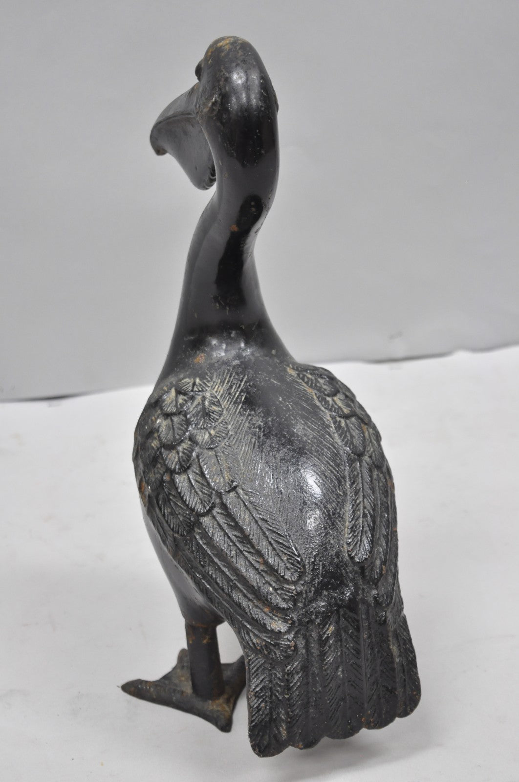 Vintage Japanese Cast Iron Black 17" Pelican Bird Garden Statue Sculpture