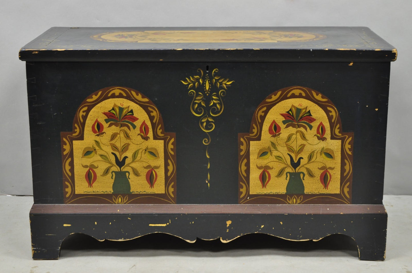 Antique Pennsylvania Dutch Colonial Blue Hand Painted Blanket Chest Trunk