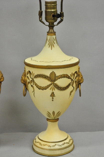 Vintage Italian Regency Tole Metal French Country Cream Gold Urn Table Lamp Pair