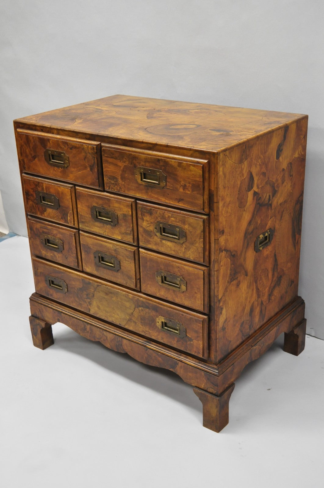 Vintage Italian Olive Wood Veneer Campaign Chest of Drawers Cabinet Side Table