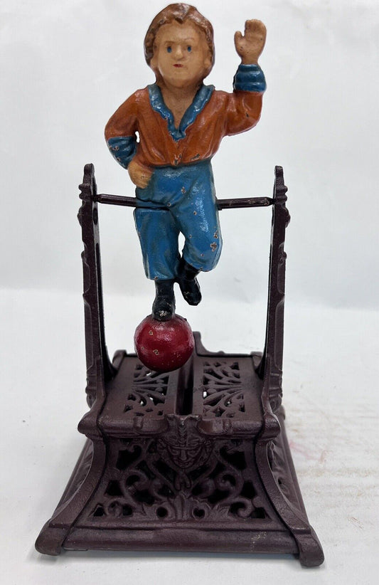 Vintage Cast Iron Still Bank Boy On Trapeze Book Of Knowledge Mechanical Bank