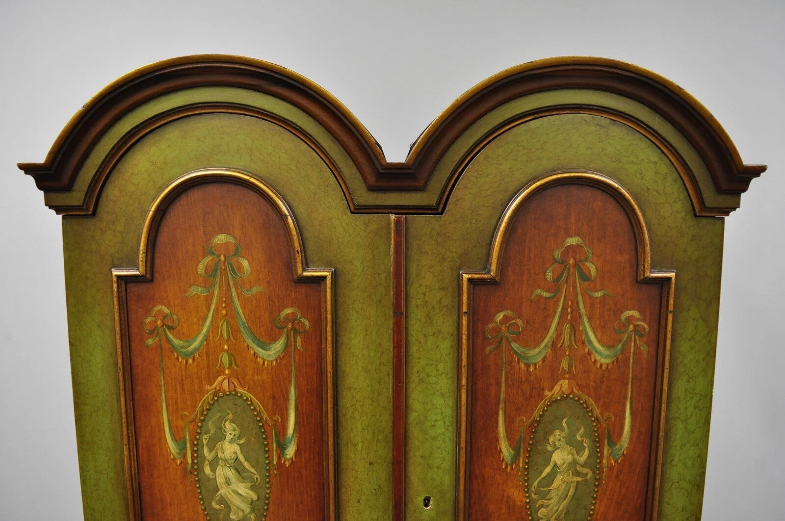 Antique English Adams Style Hand Painted Double Bonnet Bookcase Secretary Desk