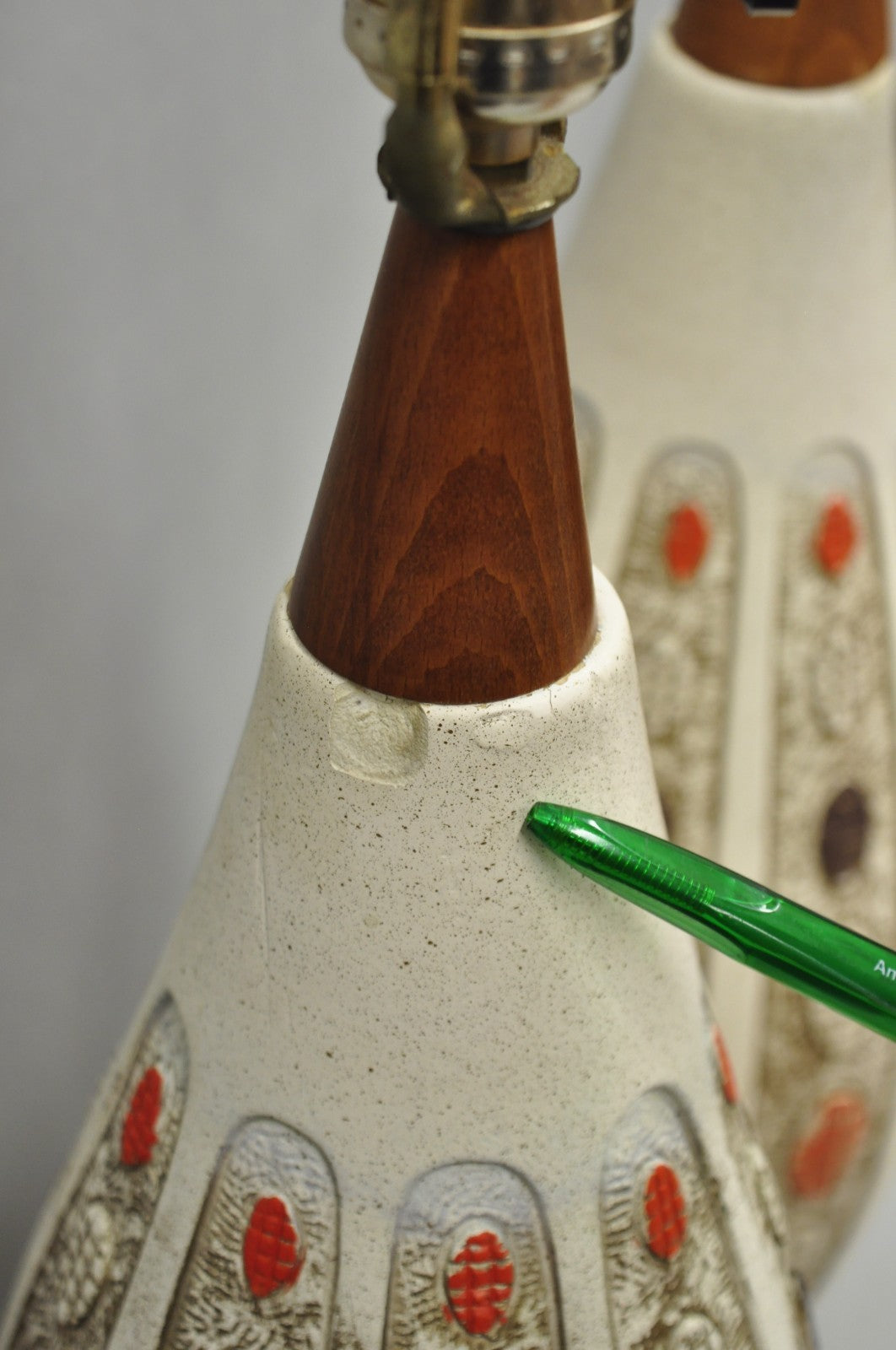 Vintage Mid Century Modern Ceramic Pottery Sculpted Teak Wood Table Lamps - Pair