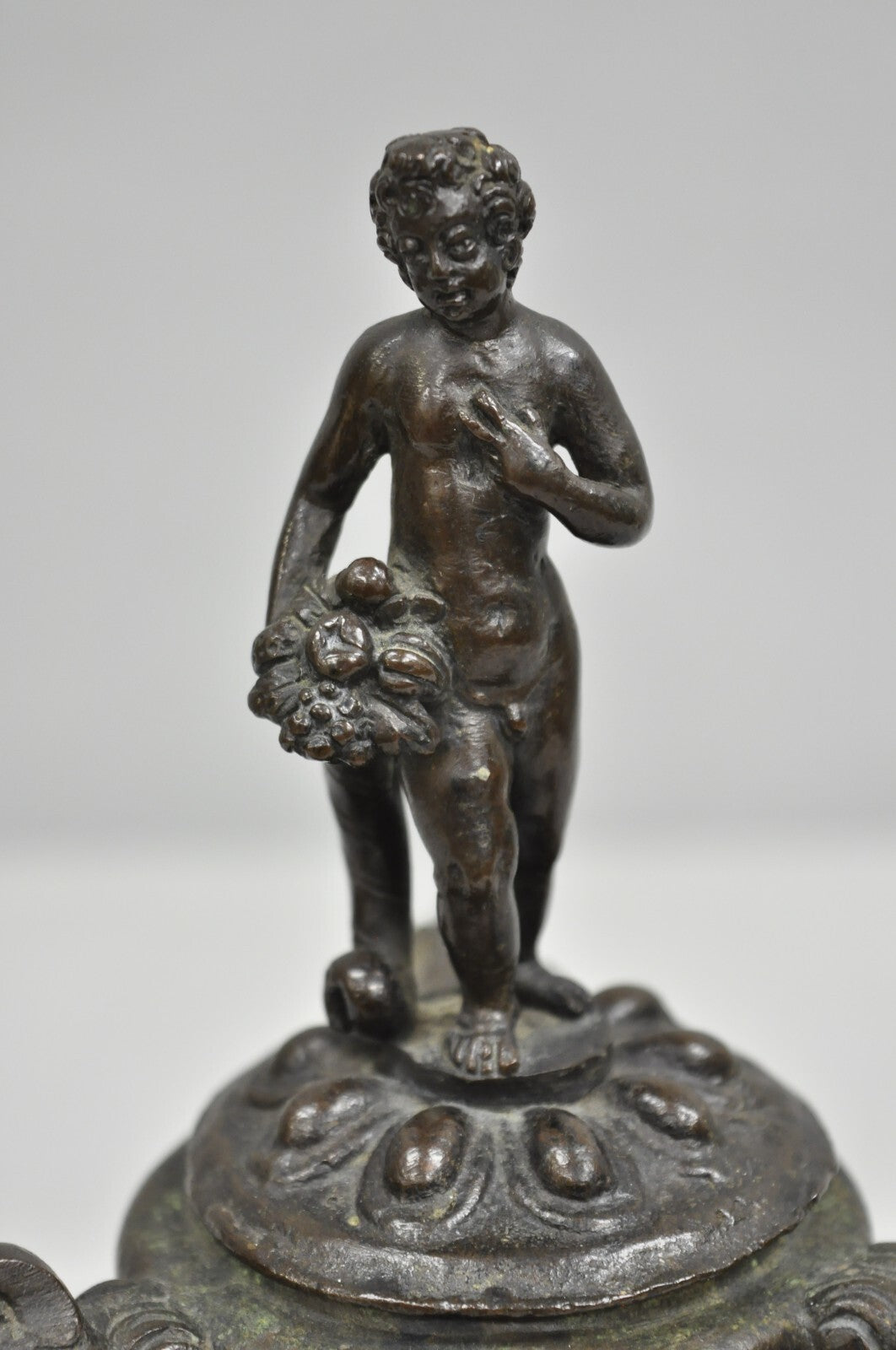 Antique Italian Renaissance Bronze Covered Figural Inkwell on Marble Base