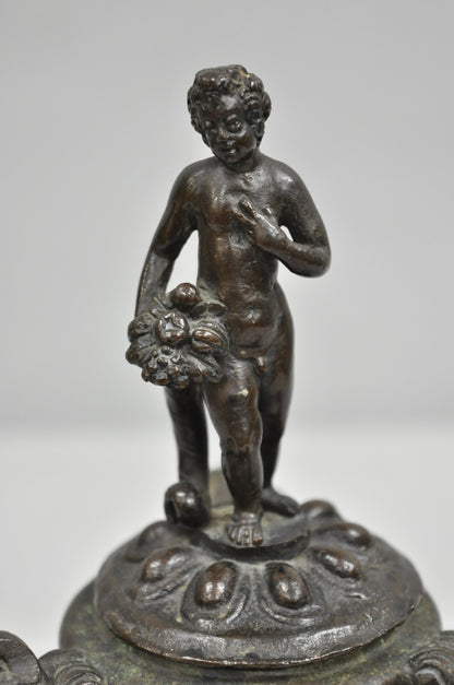 Antique Italian Renaissance Bronze Covered Figural Inkwell on Marble Base