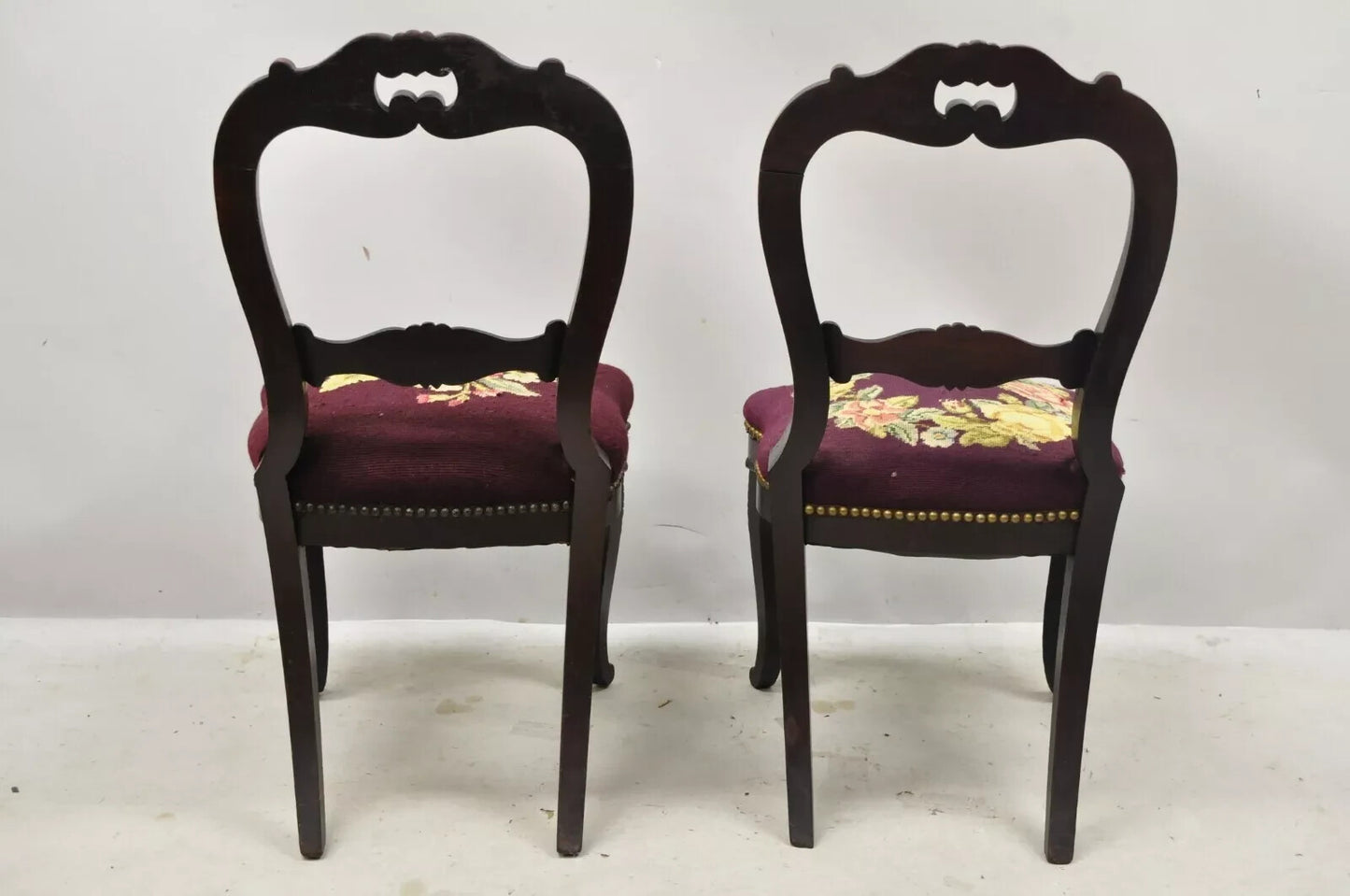 Antique Eastlake Victorian Carved Mahogany Needlepoint Parlor Side Chairs - Pair