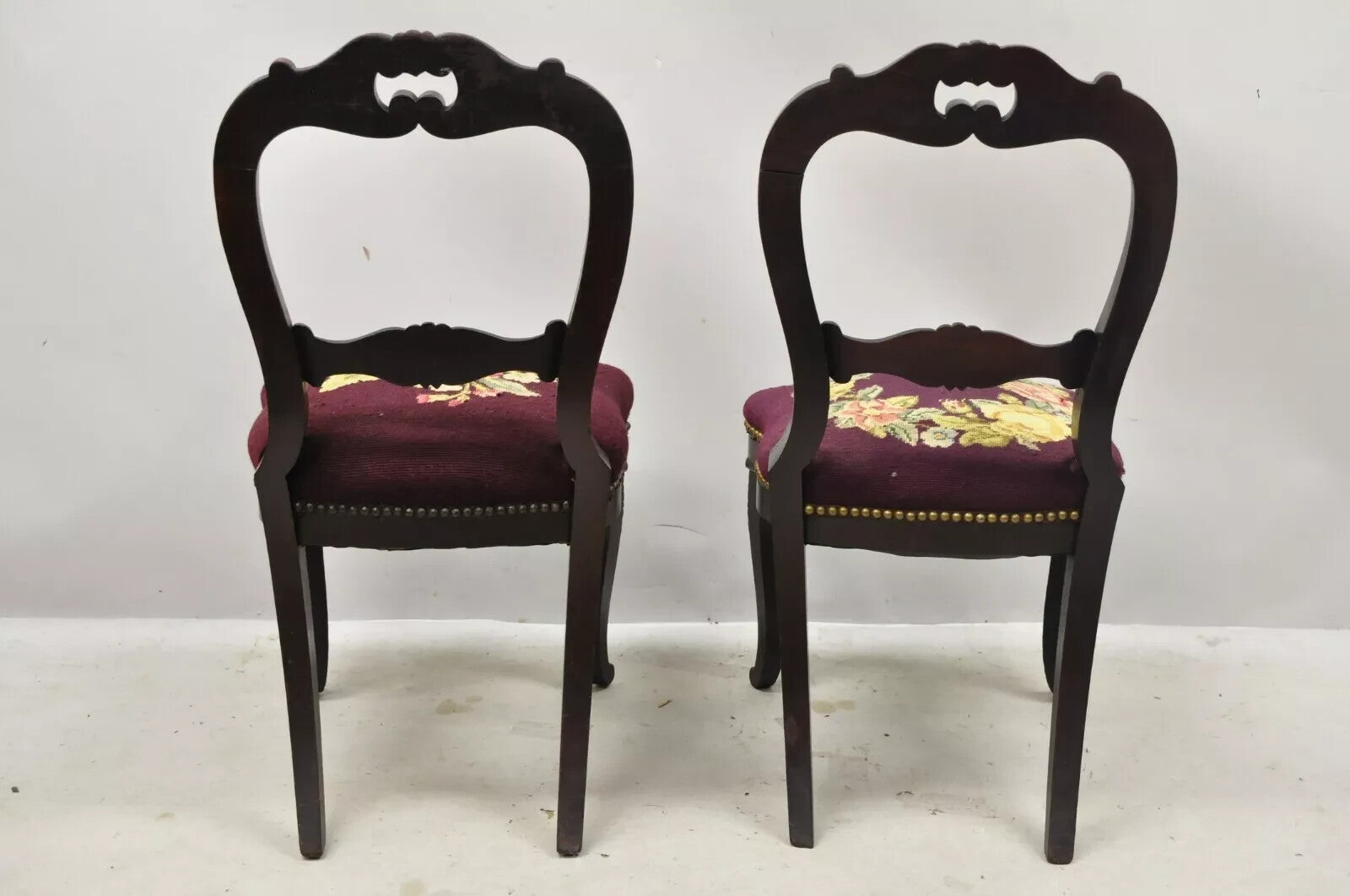 Antique Eastlake Victorian Carved Mahogany Needlepoint Parlor Side Chairs - Pair