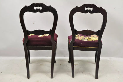 Antique Eastlake Victorian Carved Mahogany Needlepoint Parlor Side Chairs - Pair