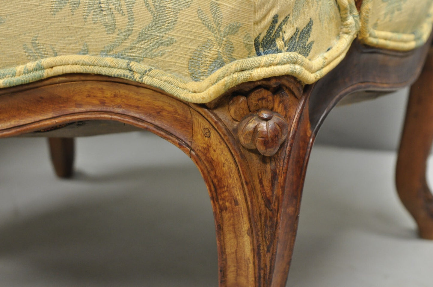 Antique French Country Provincial Carved Walnut Wingback Lounge Chairs Pair