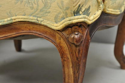Antique French Country Provincial Carved Walnut Wingback Lounge Chairs Pair