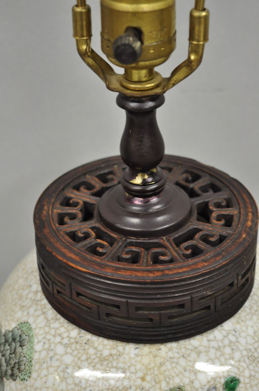 Antique Oriental Porcelain Bulbous Vase Bird Painted Table Lamp w/ Shade