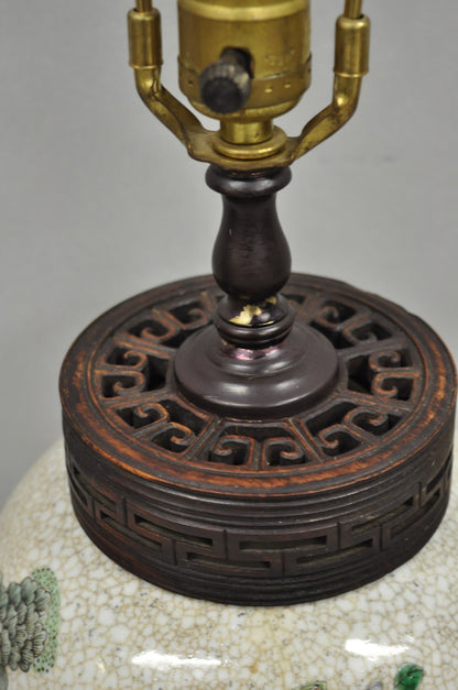 Antique Oriental Porcelain Bulbous Vase Bird Painted Table Lamp w/ Shade