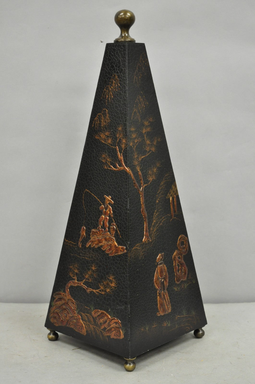Castillian Imports Chinoiserie Black Lacquer Oriental Painted Obelisk Pyramid