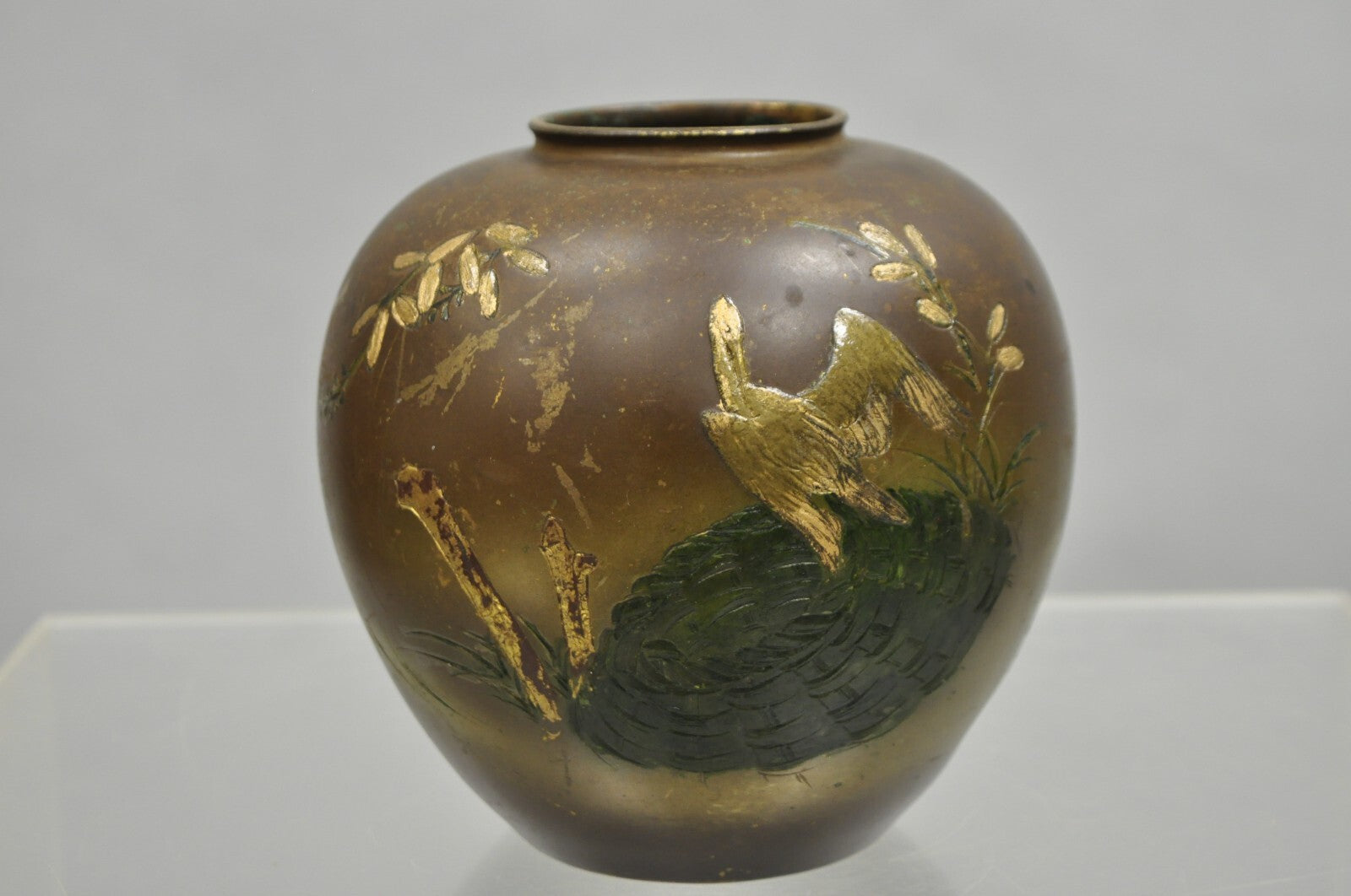 Vintage Chinese Bronze Hand Painted Bird Crane Oriental Bulbous Bud Vase