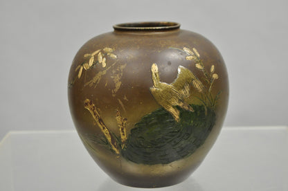 Vintage Chinese Bronze Hand Painted Bird Crane Oriental Bulbous Bud Vase