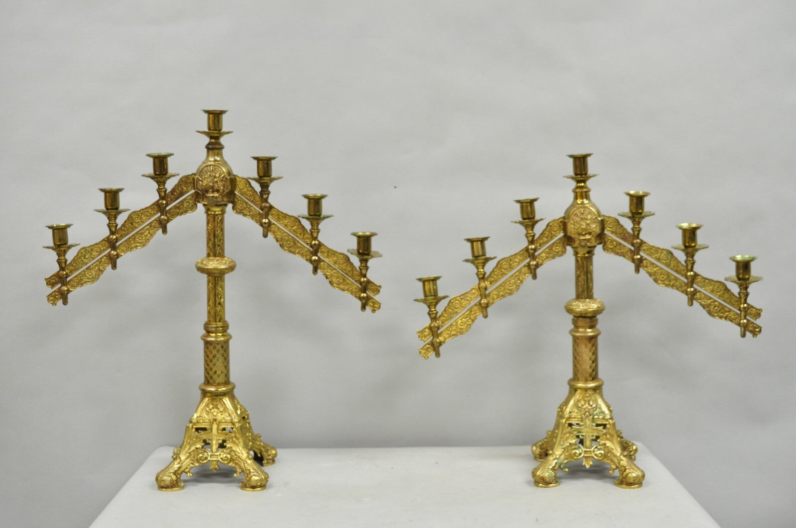 Antique French Renaissance Gothic Bronze 7 Arm Adjustable Candelabras - a Pair