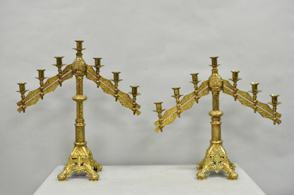 Antique French Renaissance Gothic Bronze 7 Arm Adjustable Candelabras - a Pair