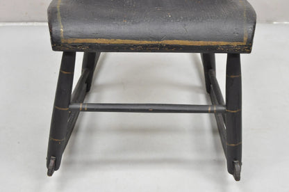 Antique Colonial Stencil Back Black Painted Plank Bottom Rocker Rocking Chair