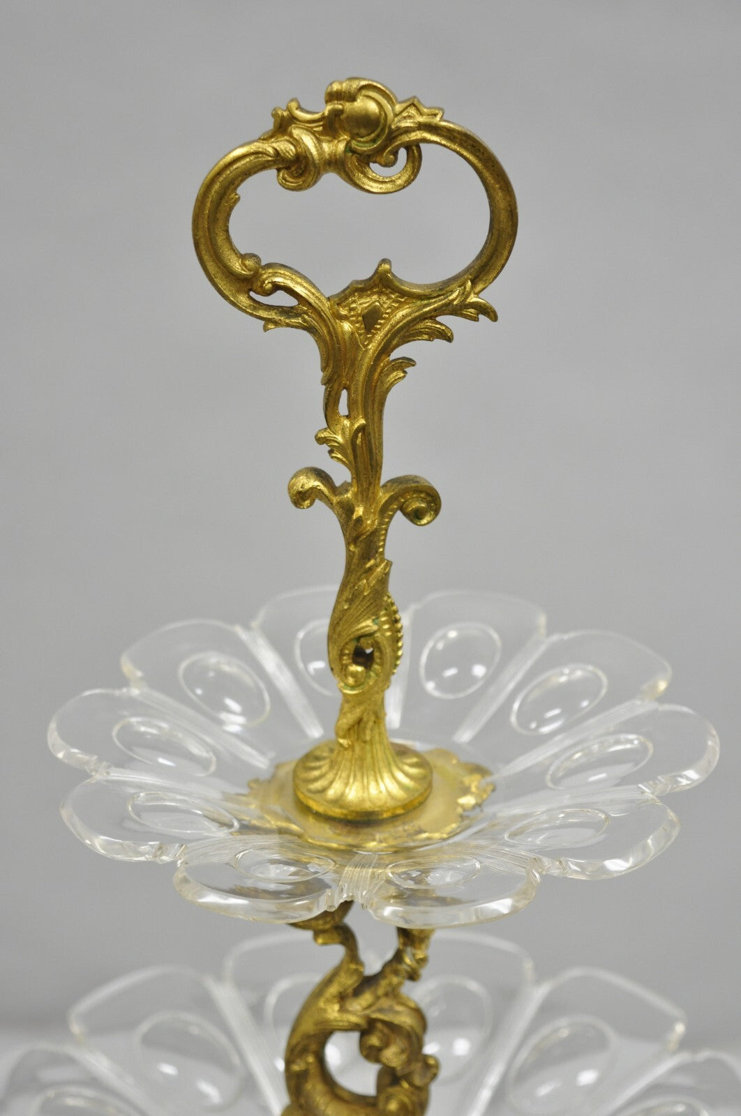 French Baroque Louis XV Gold Gilt Bronze Cherub & Glass 2 Tier Candy Dish Stand
