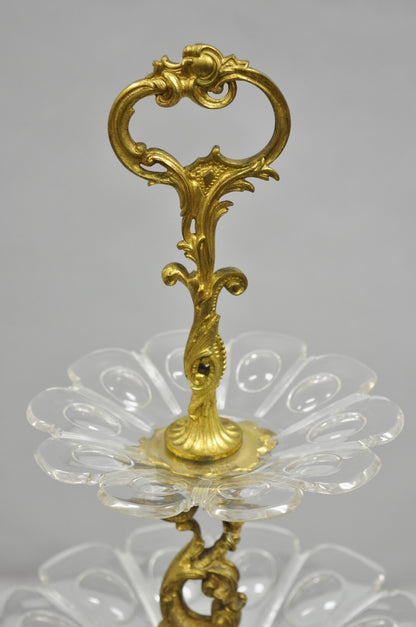 French Baroque Louis XV Gold Gilt Bronze Cherub & Glass 2 Tier Candy Dish Stand