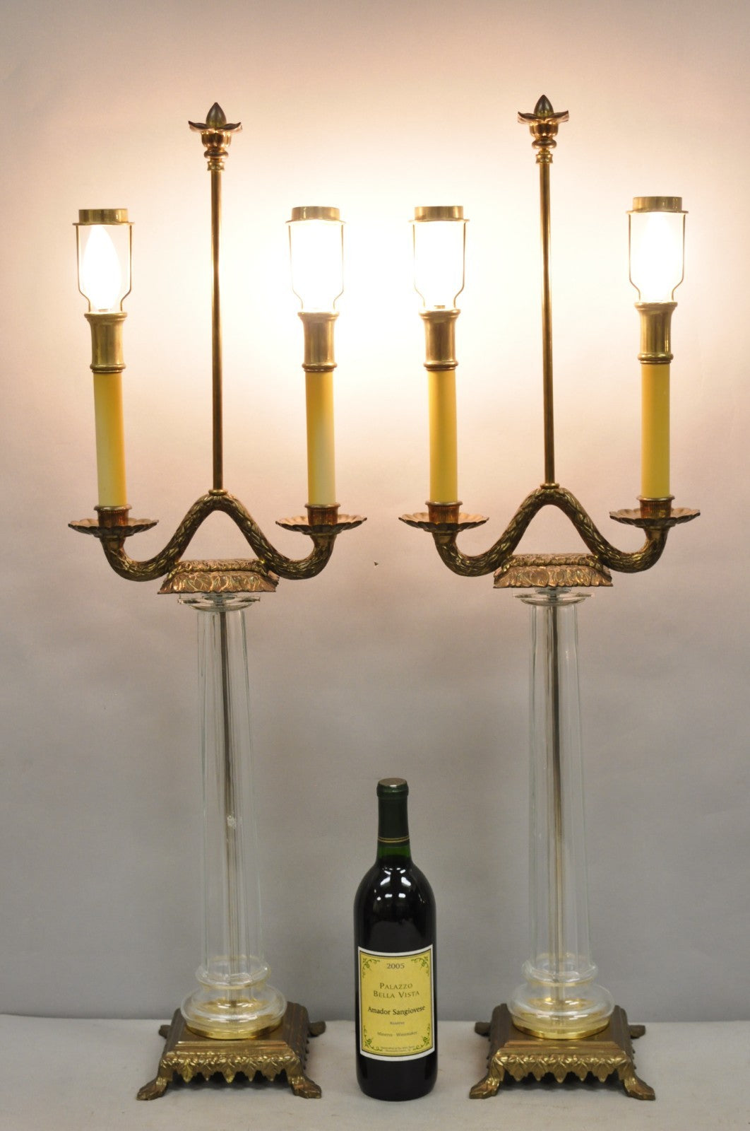 Vintage Chapman French Empire Glass Column Brass Candelabra Table Lamps - a Pair