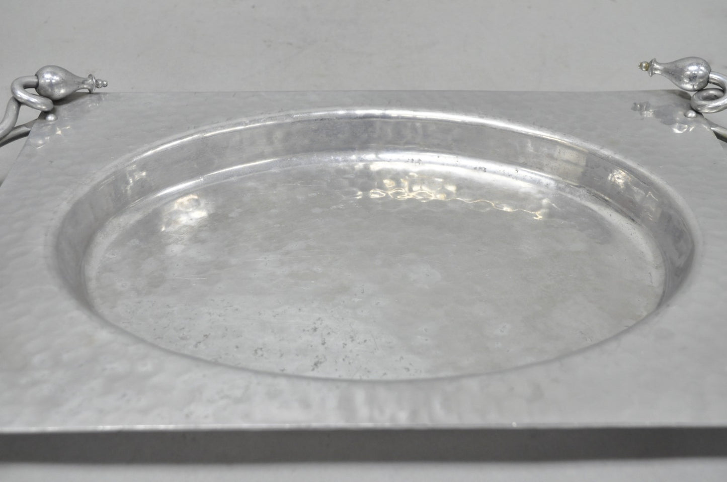 Vintage Buenilum Art Nouveau Hand Hammered Aluminum Serving Tray w Tulip Handles