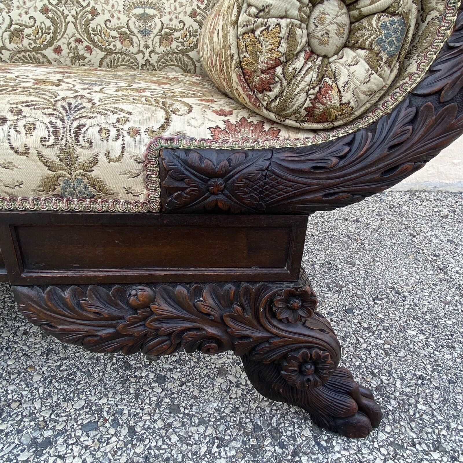 Antique American Empire Classical Carved Mahogany Paw Foot Cornucopia Arm Sofa