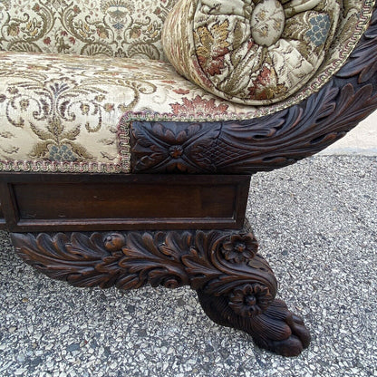 Antique American Empire Classical Carved Mahogany Paw Foot Cornucopia Arm Sofa