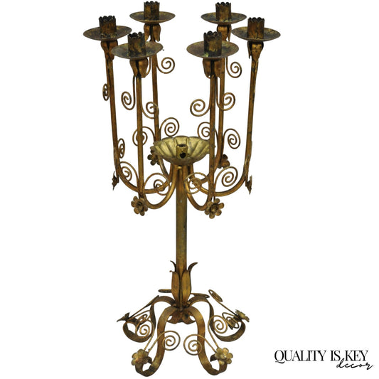 Vintage Italian Hollywood Regency Gold Gilt Iron Scrolling 6 Arm Candelabra
