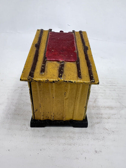 Vintage Cast Iron Book of Knowledge Bank Mechanical Yellow Cabin Mountain Man