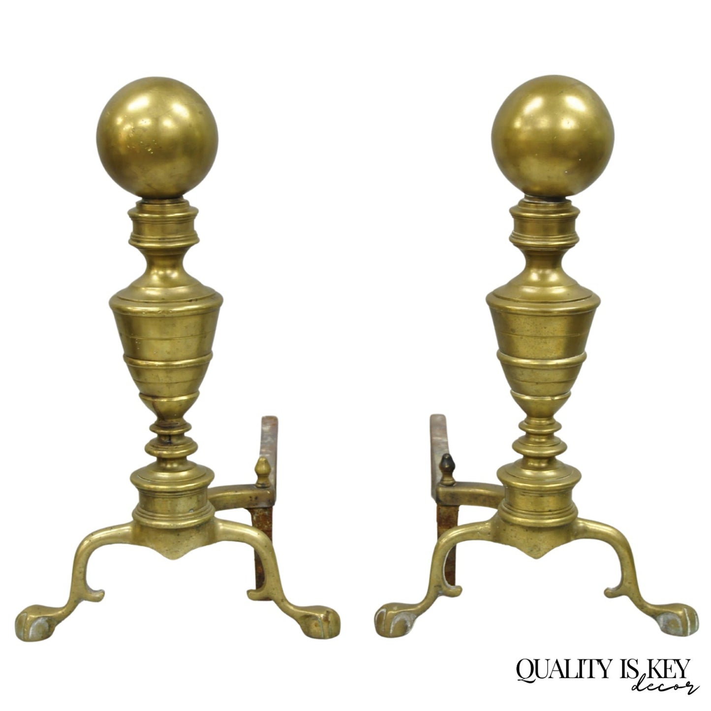 Antique English Victorian Brass Cannonball Ball and Claw Fireplace Andirons Pair