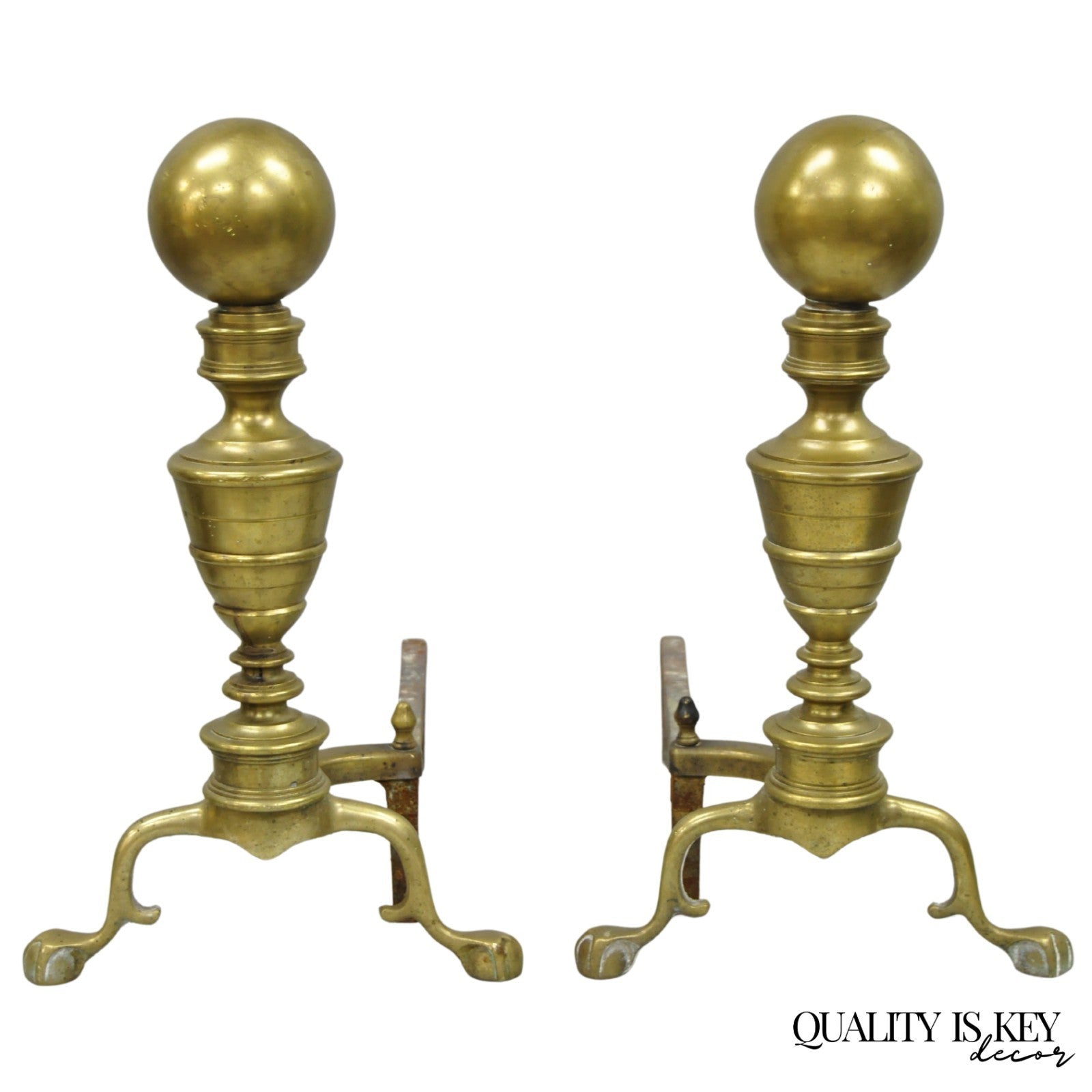 Antique English Victorian Brass Cannonball Ball and Claw Fireplace Andirons Pair