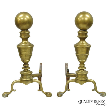 Antique English Victorian Brass Cannonball Ball and Claw Fireplace Andirons Pair