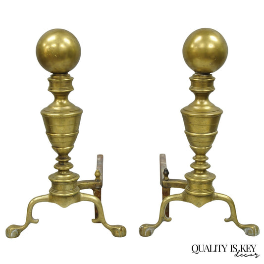 Antique English Victorian Brass Cannonball Ball and Claw Fireplace Andirons Pair