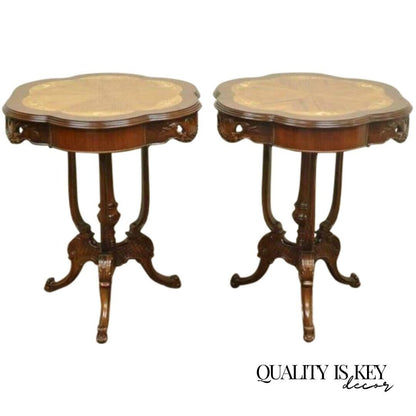Pair Antique French Louis XV Style Floral Satinwood Inlay Walnut Lamp End Tables