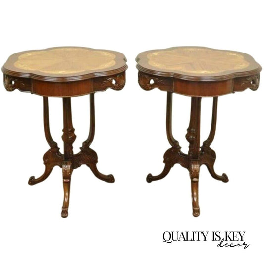 Pair Antique French Louis XV Style Floral Satinwood Inlay Walnut Lamp End Tables