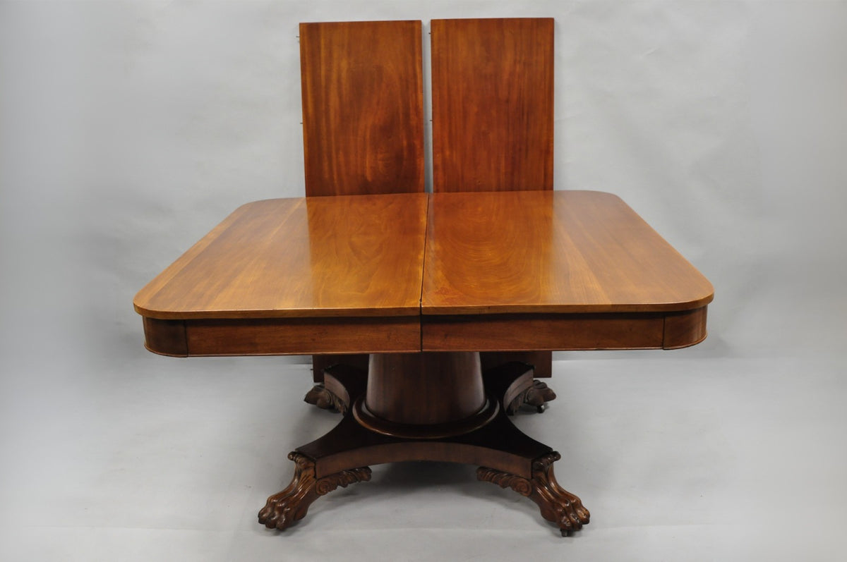 Antique American Empire 54" Square Mahogany Paw Foot Pedestal Base Dining Table