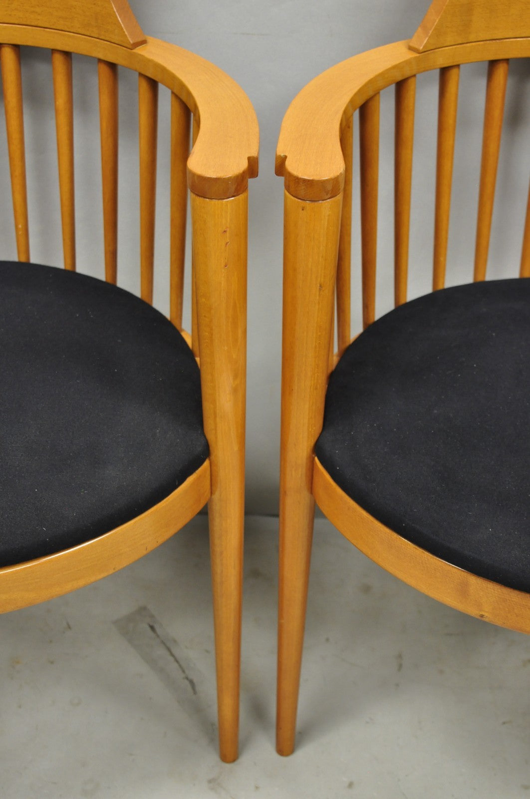Vintage Postmodern Maple Wood Spindle Barrel Back Lounge Arm Chairs - a Pair