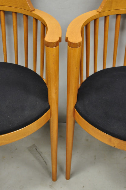 Vintage Postmodern Maple Wood Spindle Barrel Back Lounge Arm Chairs - a Pair