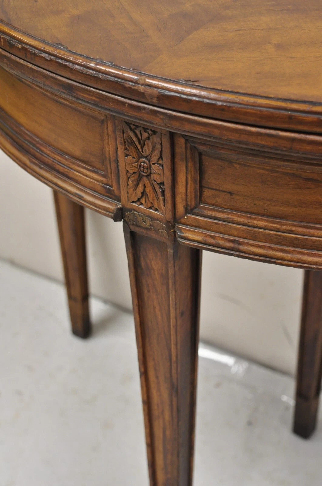Antique Mahogany Demilune Flip Top Console Game Table with Hidden Drawer
