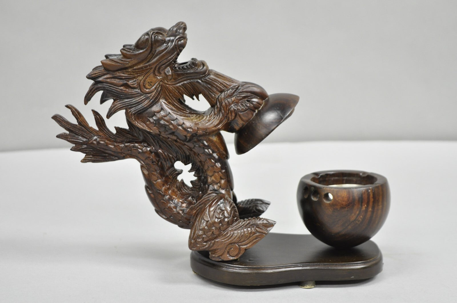 Decorative Carved Wood Chinese Foo Dog Dragon Incense Burner Holder