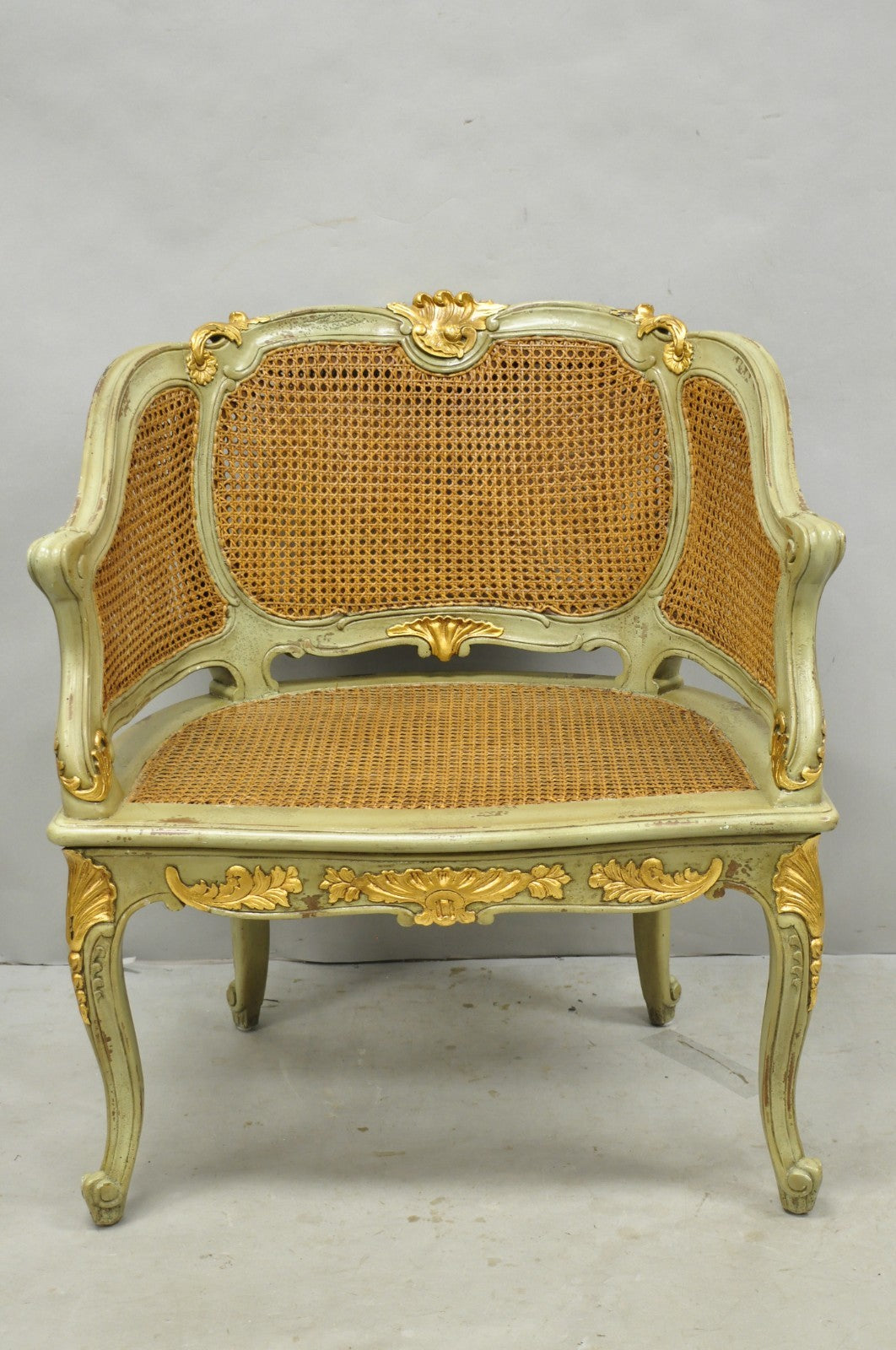 Vintage French Louis XV Style Green Painted Gold Gilt Cane Bergere Arm Chair