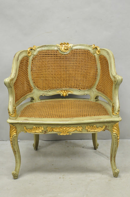 Vintage French Louis XV Style Green Painted Gold Gilt Cane Bergere Arm Chair