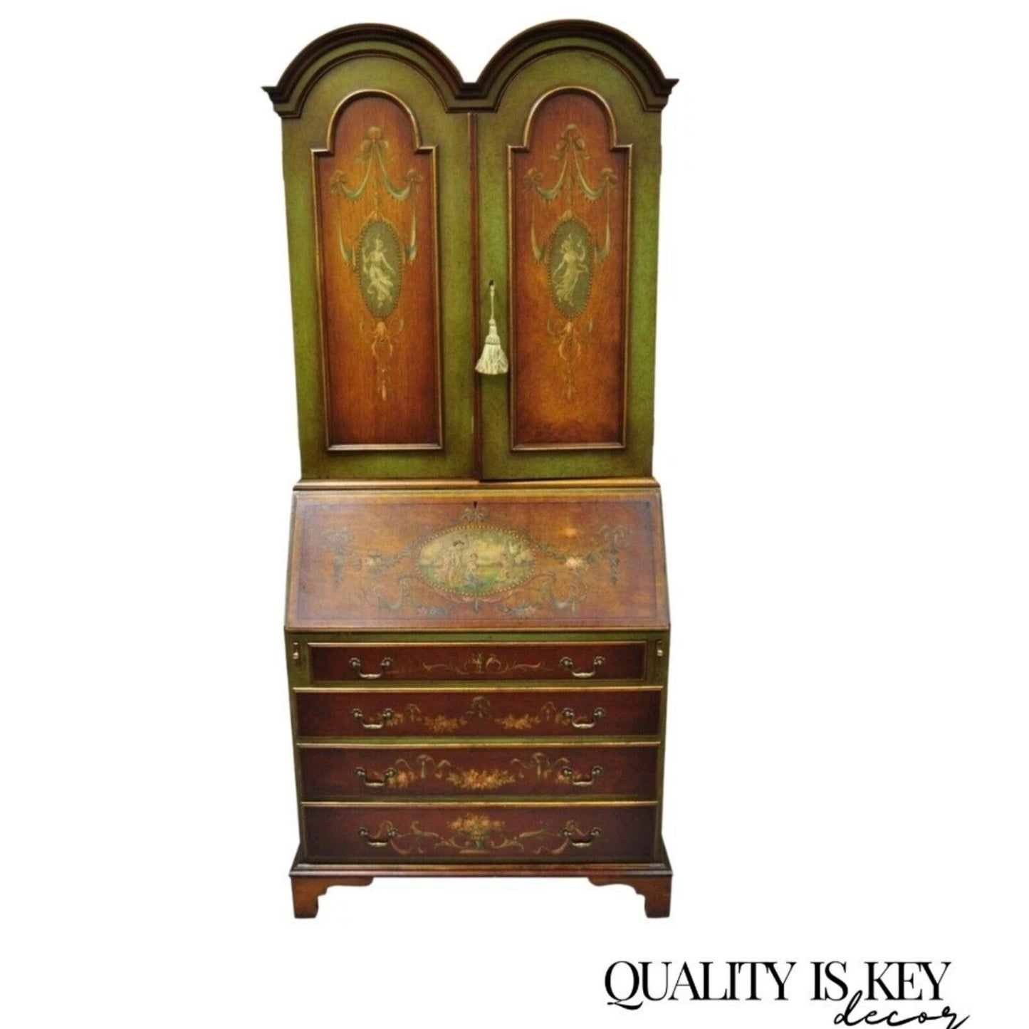 Antique English Adams Style Hand Painted Double Bonnet Bookcase Secretary Desk