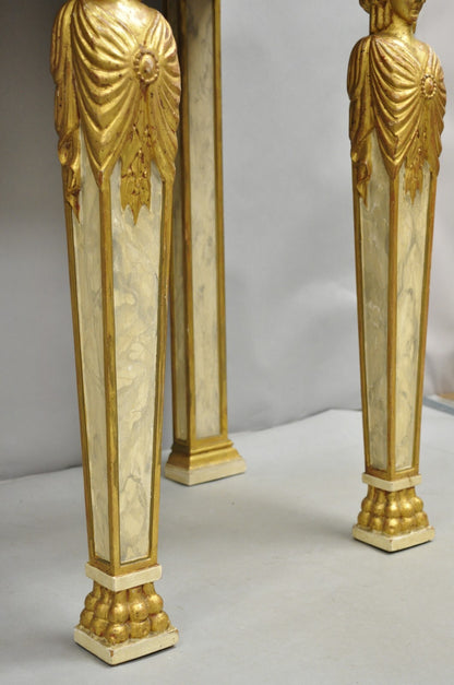 Antique Italian Neoclassical Cream & Gold Marble Top Figural Long Console Table