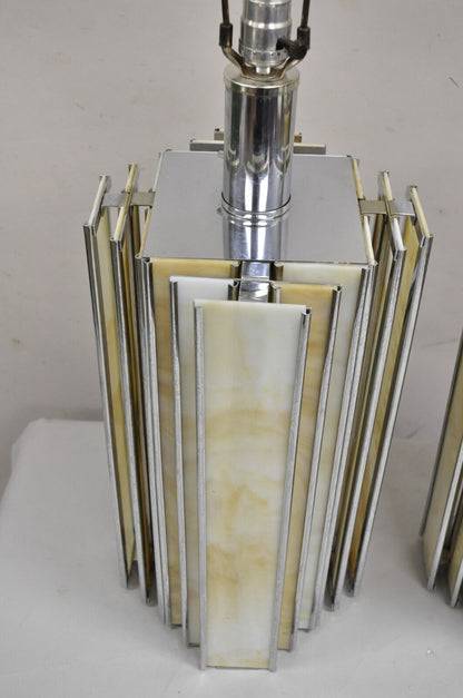 Vintage Art Deco Chrome & Stained Glass Skyscraper Table Lamps - a Pair