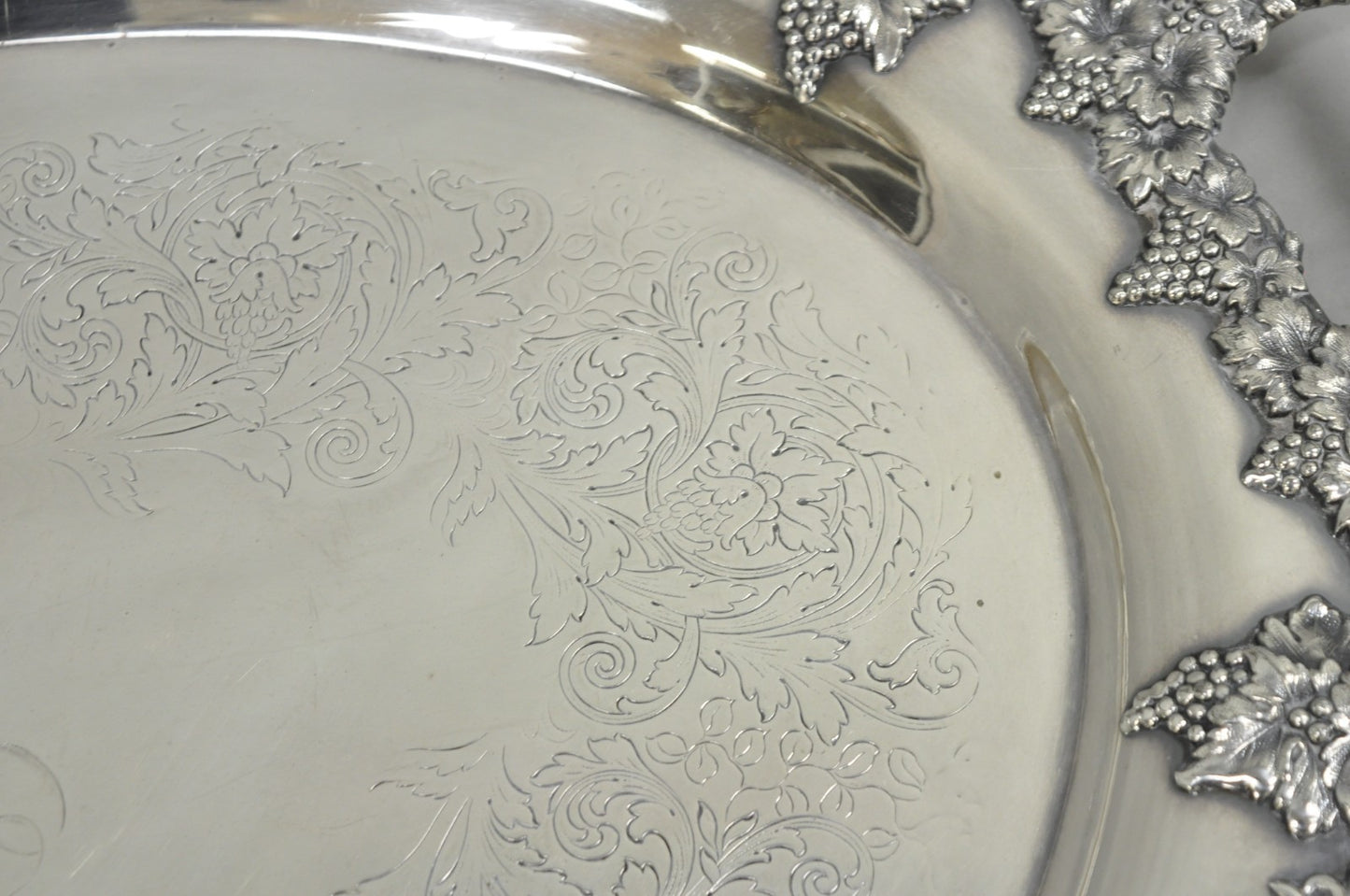 Antique English Victorian Silver Plated Grapevine Oval Bar Tray w/ Monogram