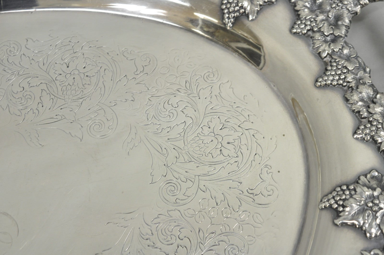 Antique English Victorian Silver Plated Grapevine Oval Bar Tray w/ Monogram