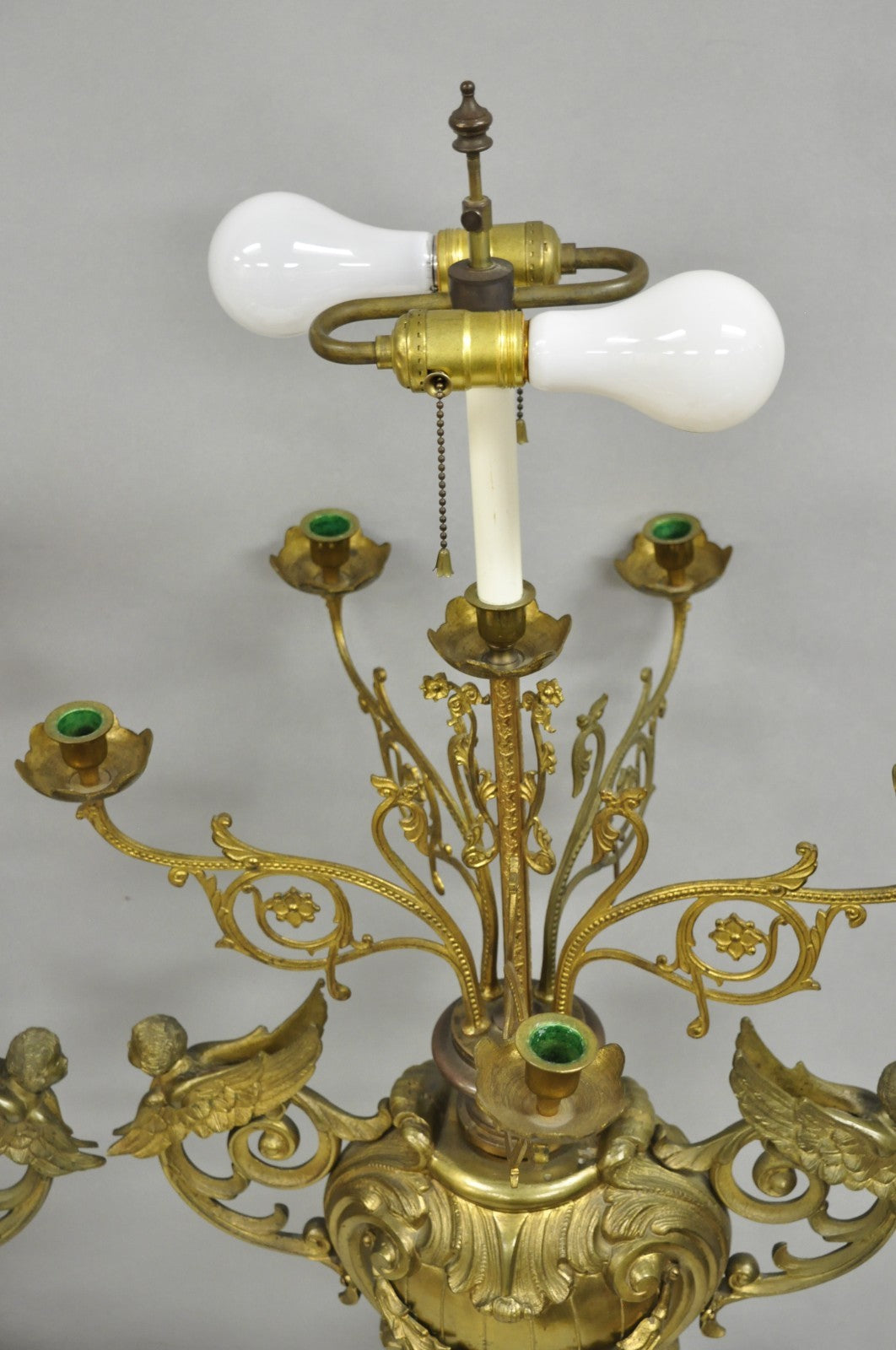 Large Antique French Rococo Louis XV Figural Cherub Bronze Candelabra Lamps Pair